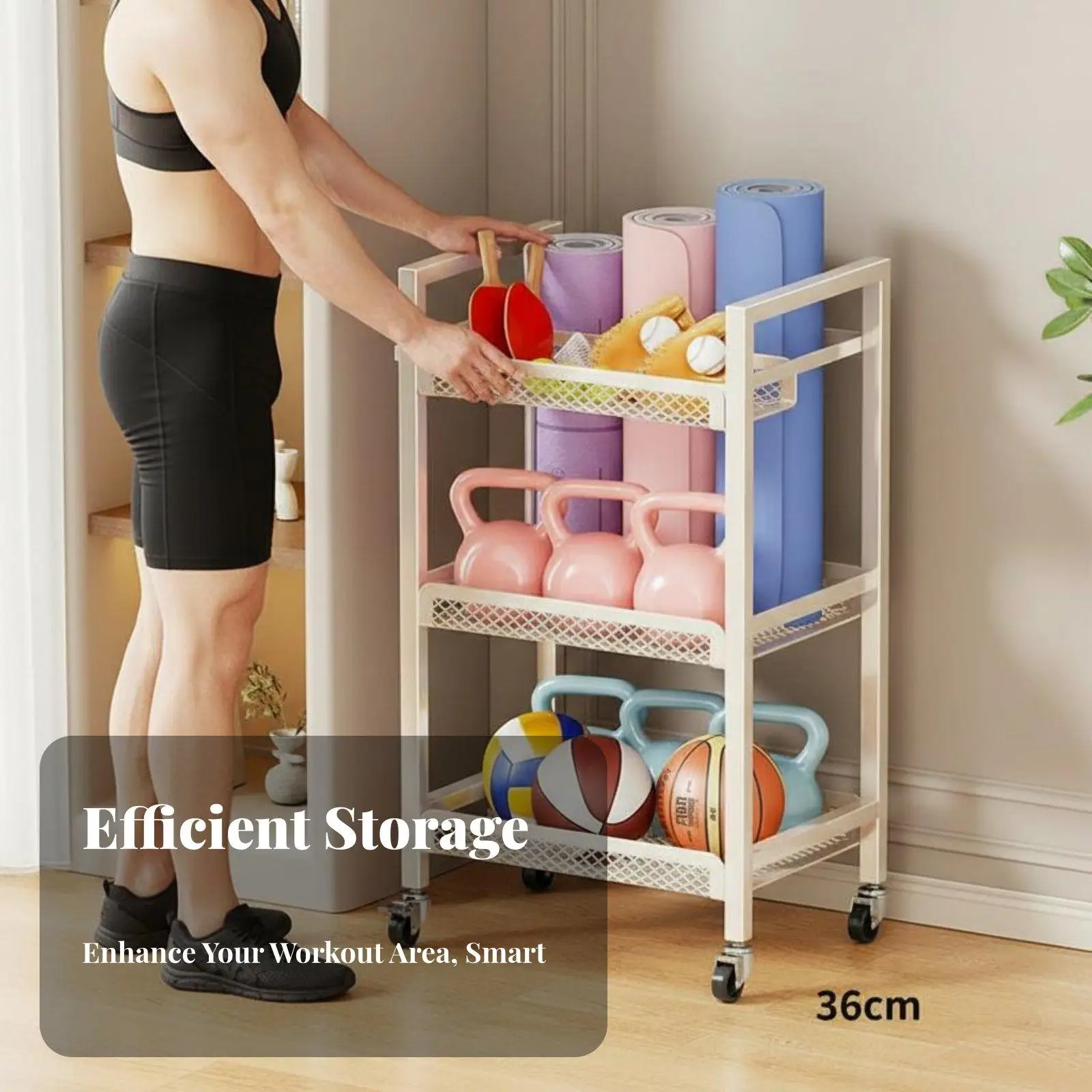 Home Gym Storage Cart with 3 Tiers and Basket for Fitness Accessories Dumbbells Yoga Mats Basketballs Rackets and Exercise