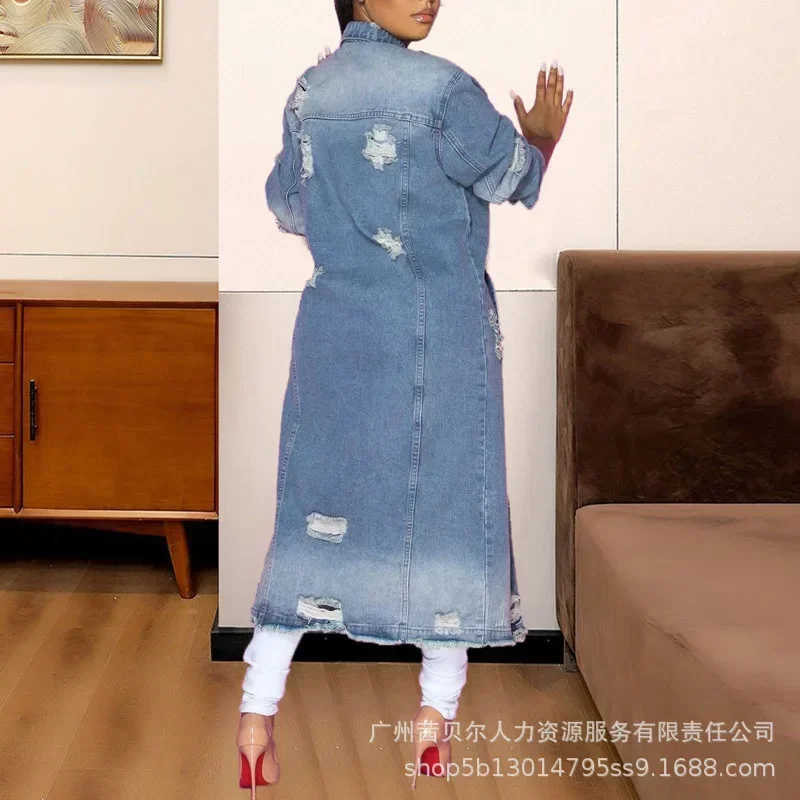 Ripped Raw Hem Long Denim Coat Women Denim Coats Turn Down Collar Jackets Single Breasted Hole Jeans Coat Casual Autumn