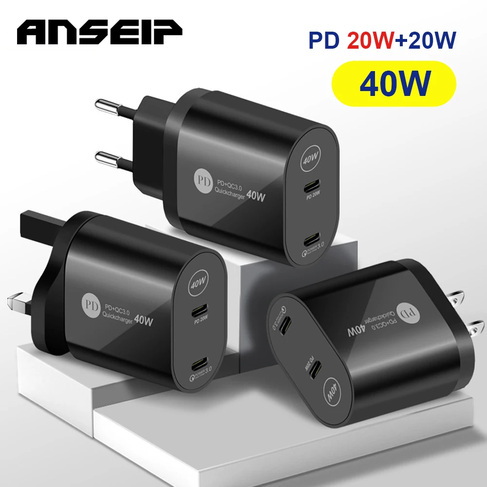 

ANSEIP Dual Type c 40W charger QC 3.0 Wall Fast charge adapter Usb c Quick Charge For iPhone 13 12Pro iPad Huawei Xiaomi Samsung