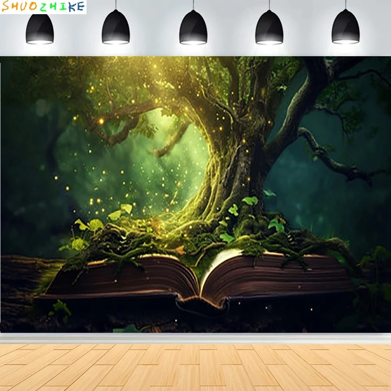 Fondo de fotografía de Castillo Medieval místico de cuento de hadas, accesorios de paisaje, bruja, libro mágico, mundo de fantasía, fondo de bosque MA09