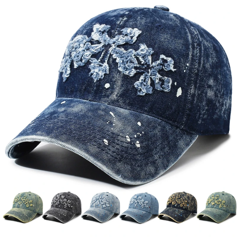 Fashion Washed Denim Baseball Cap for Men Women Vintage Distressed Frayed Snowflake Denim Hat Adjustable Hip Hop Trucker Caps