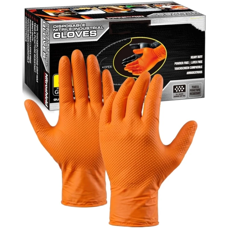 Guanti da Lavoro Monouso in Nitrile Arancione Resistente 8Mil con Texture a Diamante in Rilievo per Lavori Industriali, Meccanici, Auto e Giardinaggio