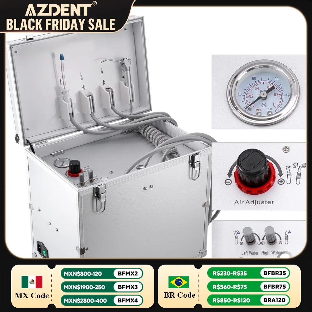 Dental Portable Unit with Oiless Air Compressor AZDENT Motor Dentistry Machine 2/4 Holes Surgery Turbine Units Equipment