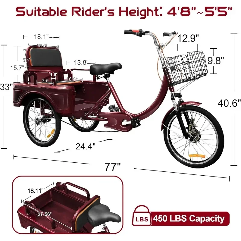Adult Tricycle, 20 Inch 3-Wheel Bikes Carrying Passengers Seniors Men, Low Step-Through Cruiser Bike for Cycling, Outing, Picnic