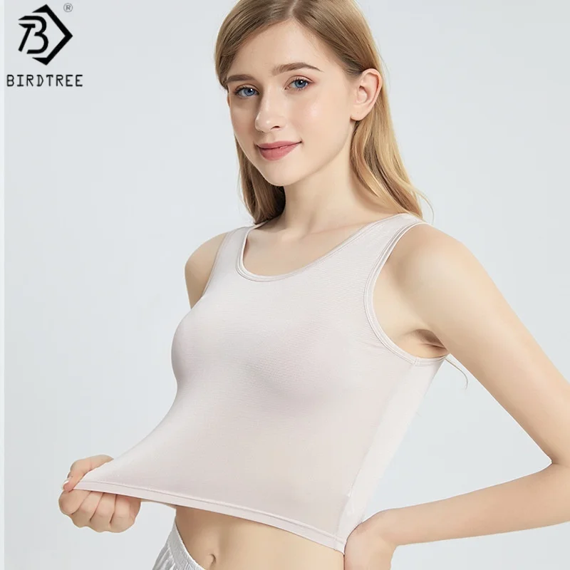Birdtree, 92.4% Real Silk Short Tank Top, Woman's Basics Knitted Tops, O-neck Slim Elastic Vest, 2026 Autumn New T6O617JF
