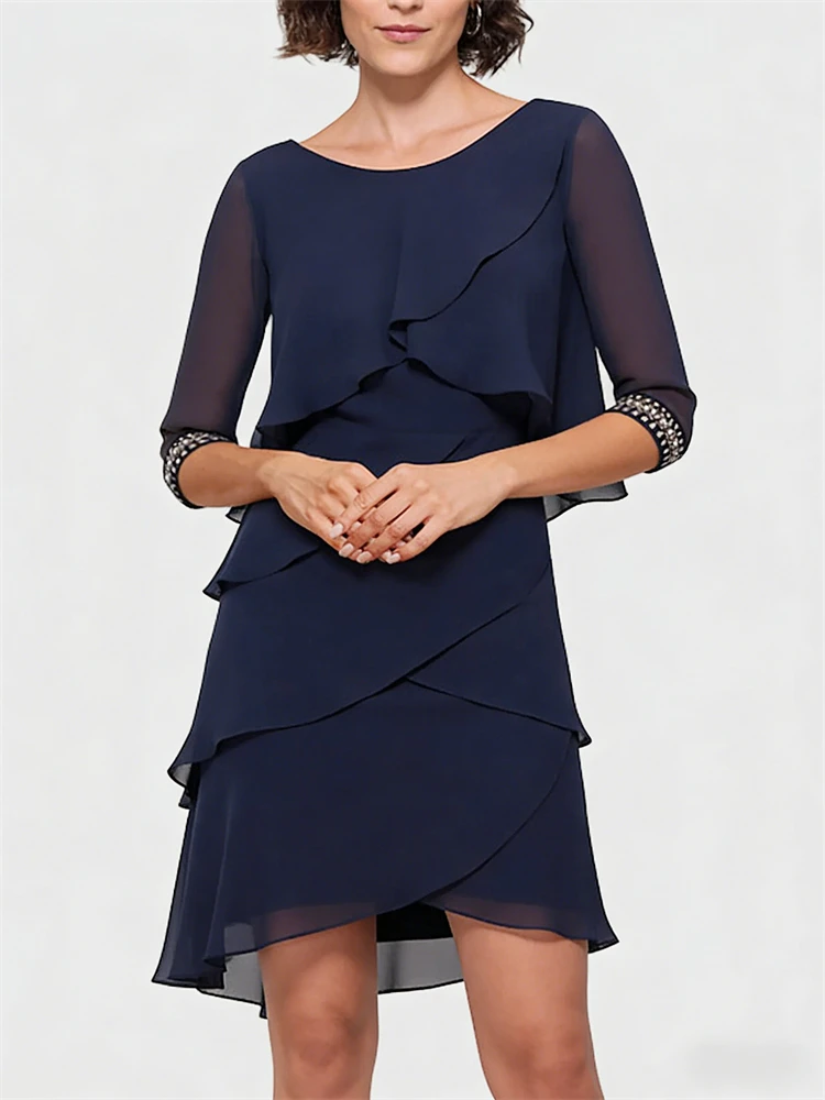 

Party Dress Cocktail Dress Tiered Plisse Dress Semi Formal Knee Length Half Sleeve Jewel Neck Wedding Chiffon Rhinestone Ruffles