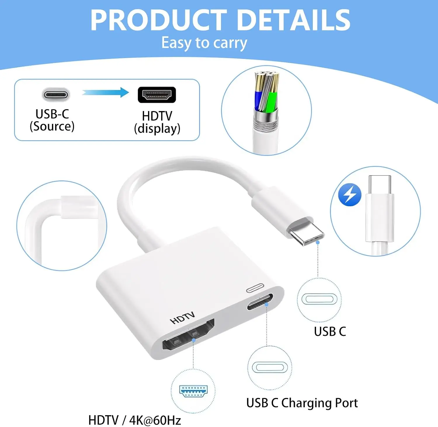 USB C to HDMI, suitable for TV, 4K@60Hz Type C adapter, with charging port, iPhone to HDMI to USB adapter, compatible with iPhon