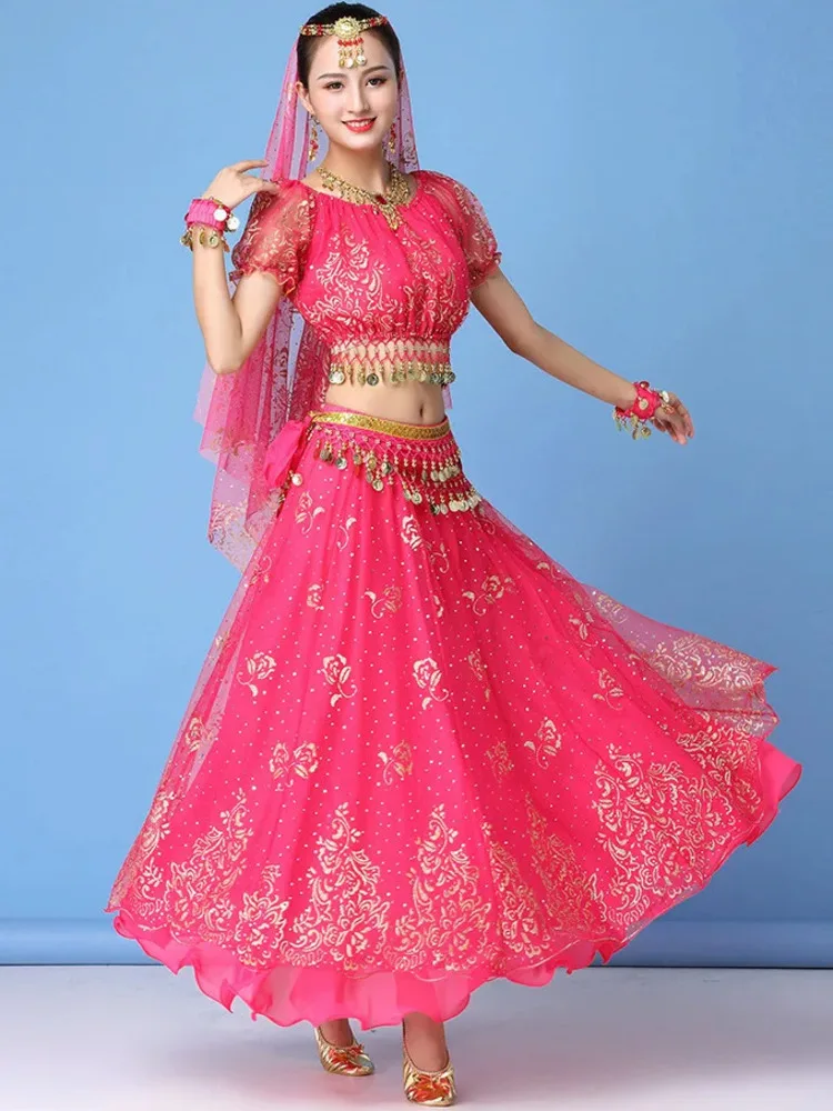 스팽글 시폰 퍼프 슬리브 크롭 탑과 하이 웨이스트 스커트 세트 – 우아한 클래식 댄스 공연 의상