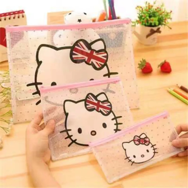 Sanrio Hello Kitty Mesh Zipper File Bag Waterproof Moisture-proof Zipper Folder Toy Storage Bag Storage Tools Cosmetic Bag Gifts