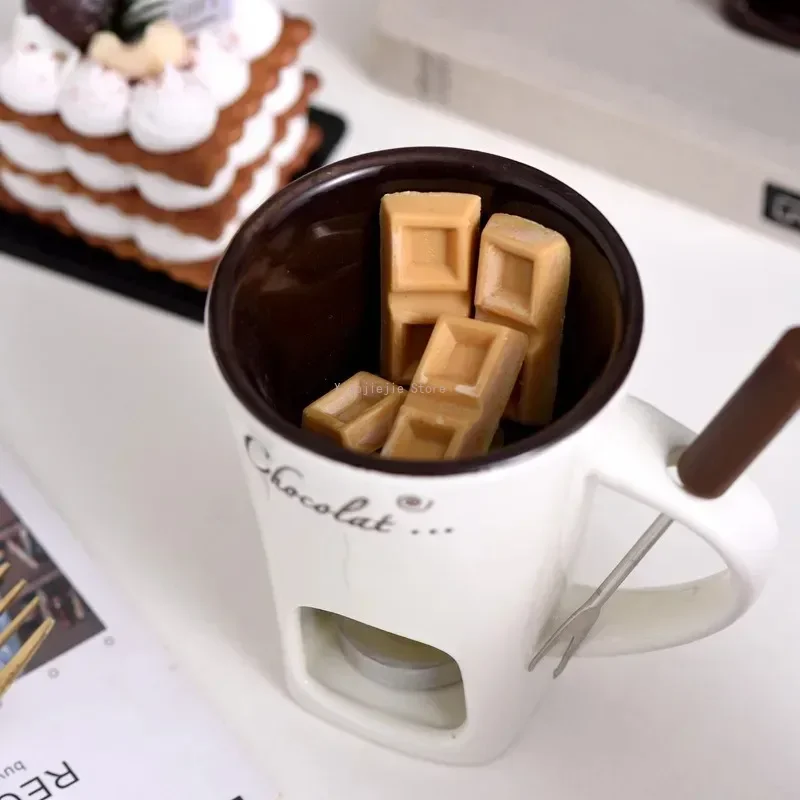 Festive Pattern Ceramic Chocolate Fondue Mug with Dipping Fork Individual Melting Cup for Indoor Dessert Party Holiday Gift