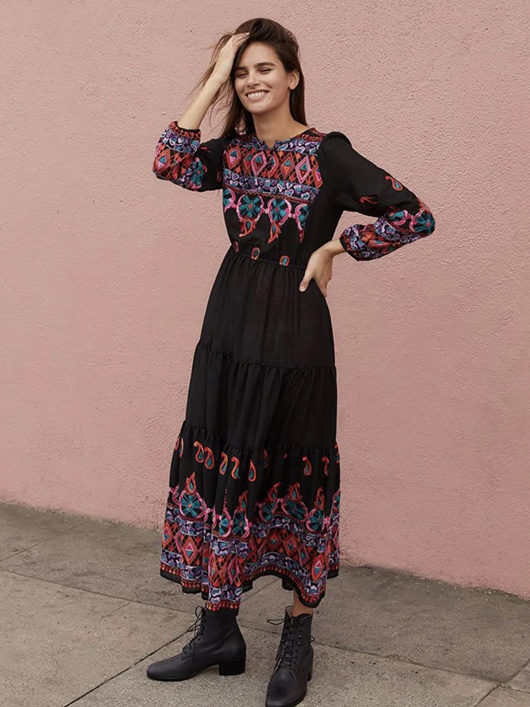 KHALEE YOSE Boho Floral Embroidery Maxi Dresse Cotton Black Long Sleeve Dress Vocation Hippie Vintage Chic Beach Ladies Dress