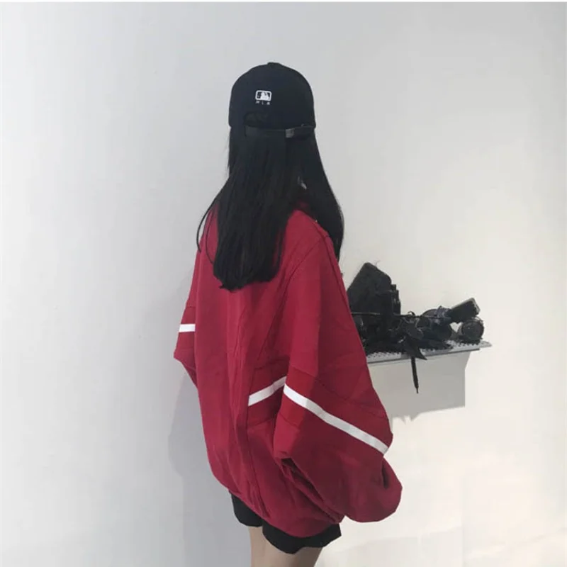 Y2K Autumn Winter Women Zipper Loose Fleece Sweatshirt Full Batwing Sleeve Stand Collar Jacket Harajuku New Girls Hoodie Jackets