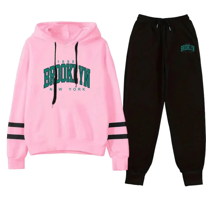 Setelan Olahraga Wanita Motif Kasual Sweatshirt Jogging Pakaian Wanita Musim Gugur-Dingin Pakaian Olahraga Jalanan Hoodie Celana Satu Potong
