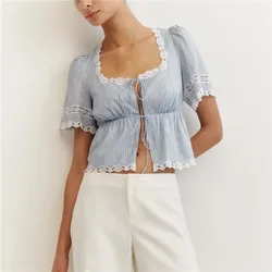 Women Lace Patchwork Tie Up Front T-Shirts Summer Striped Square Neck Short Sleeve Peplum Tops Ladies Elegant Blouse Streetwear