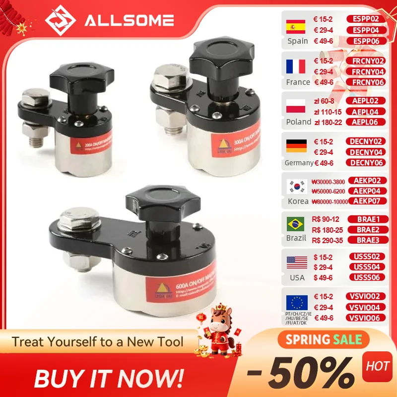

ALLSOME On/Off Magnetic Welding Ground Clamp Rare Earth Switchable Magnet Welding Holder 200A/300A/600A