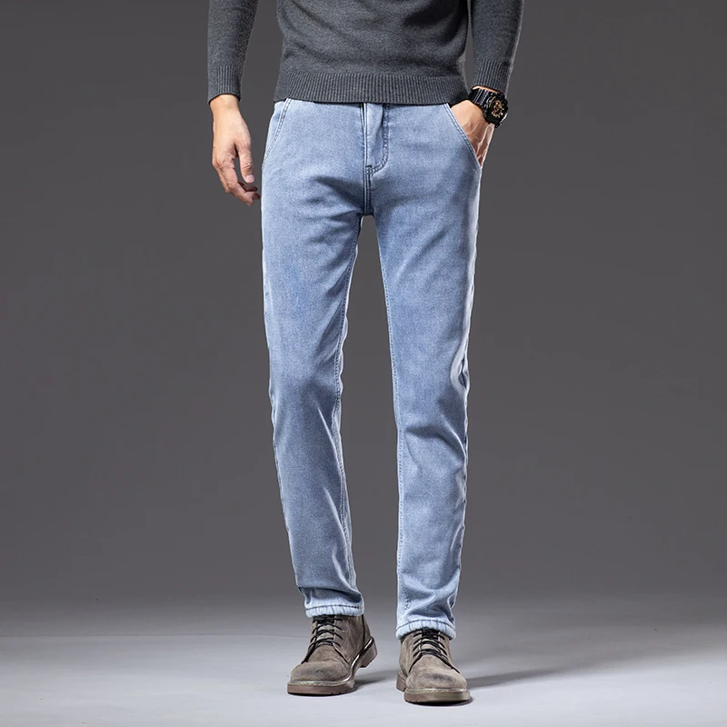 Зимние флисовые утепленные теплые джинсы, винтажные брендовые классические ретро молодежные модные мужские прямые повседневные эластичные джинсовые брюки