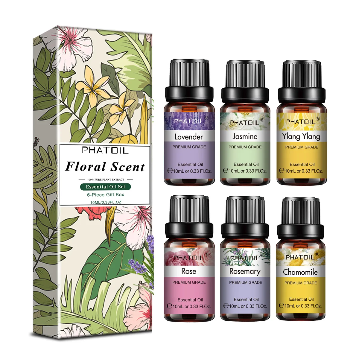 phatoil-6本入りエッセンシャルオイルセット-アロマセラピー用-10ml-ラベンダー-ジャスミン-イランイラン-ローズ-ローズマリー-カモミール-アロマエッセンシャルオイル