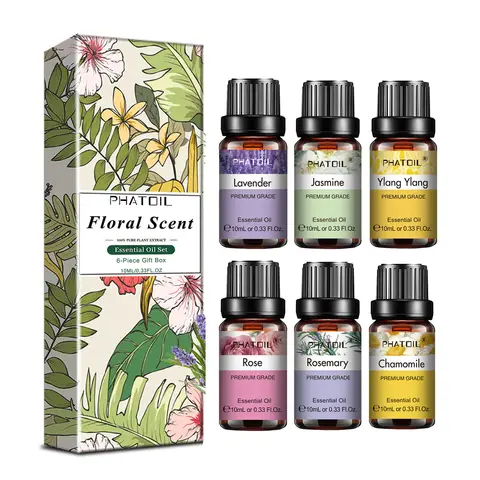 PHATOIL 6pcs Essential Oil Set For Aromatherapy-10ml Lavender Jasmine Ylang Ylang Rose Rosemary Chamomile Aroma Essential Oils