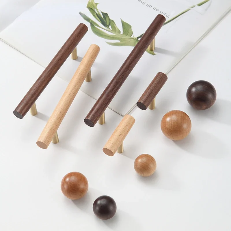 Nordic Solid Wood Handle Natural Wood Color Round Ball Cabinet Door Wardrobe Minimalist Luxurious Beech Wood Grain Drawer Handle