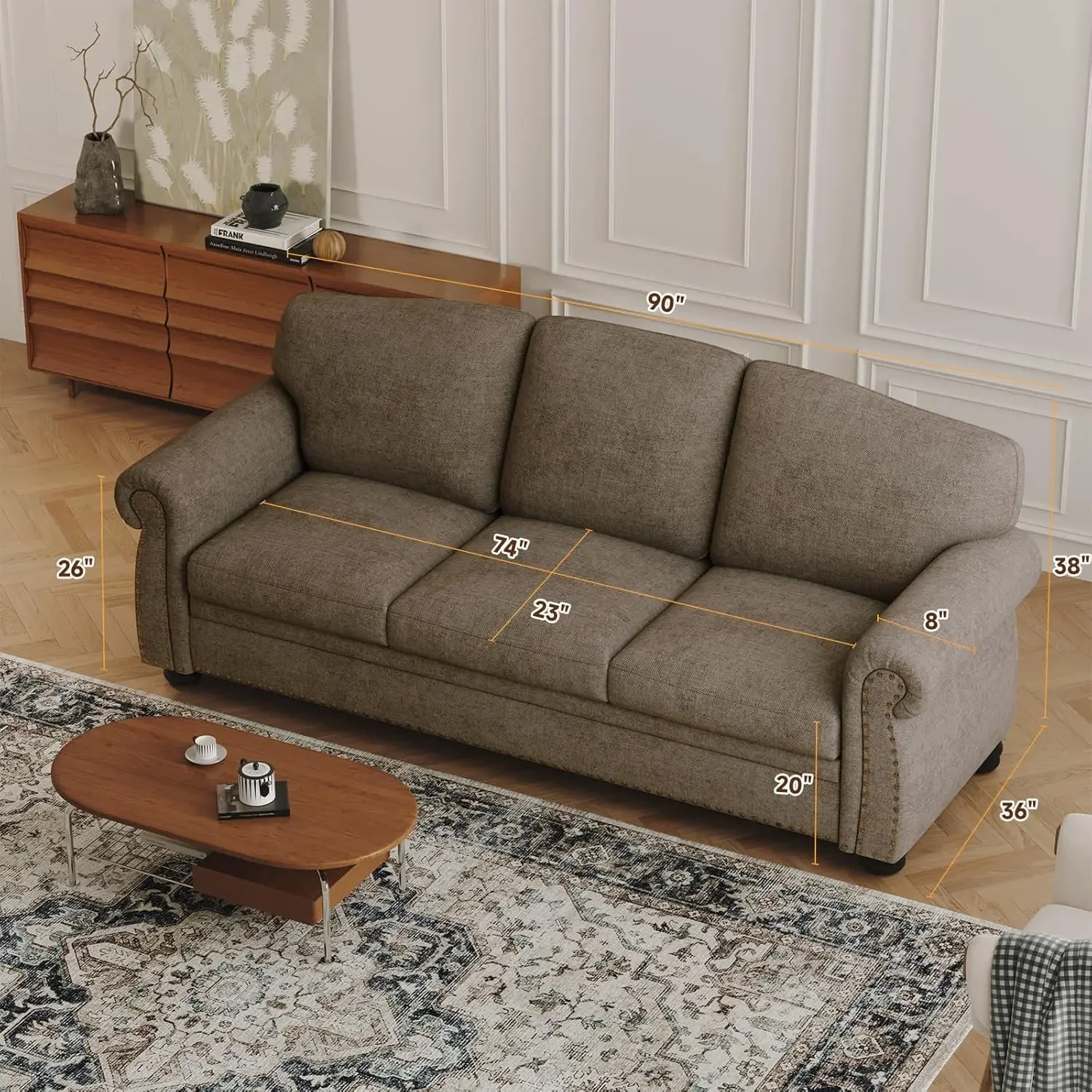 

90 Inch Nailhead Trim Couches for Living Room, 23" Deep Seat Rolled Arm Sofa, Comfy Upholstered 3 Seater Sofa