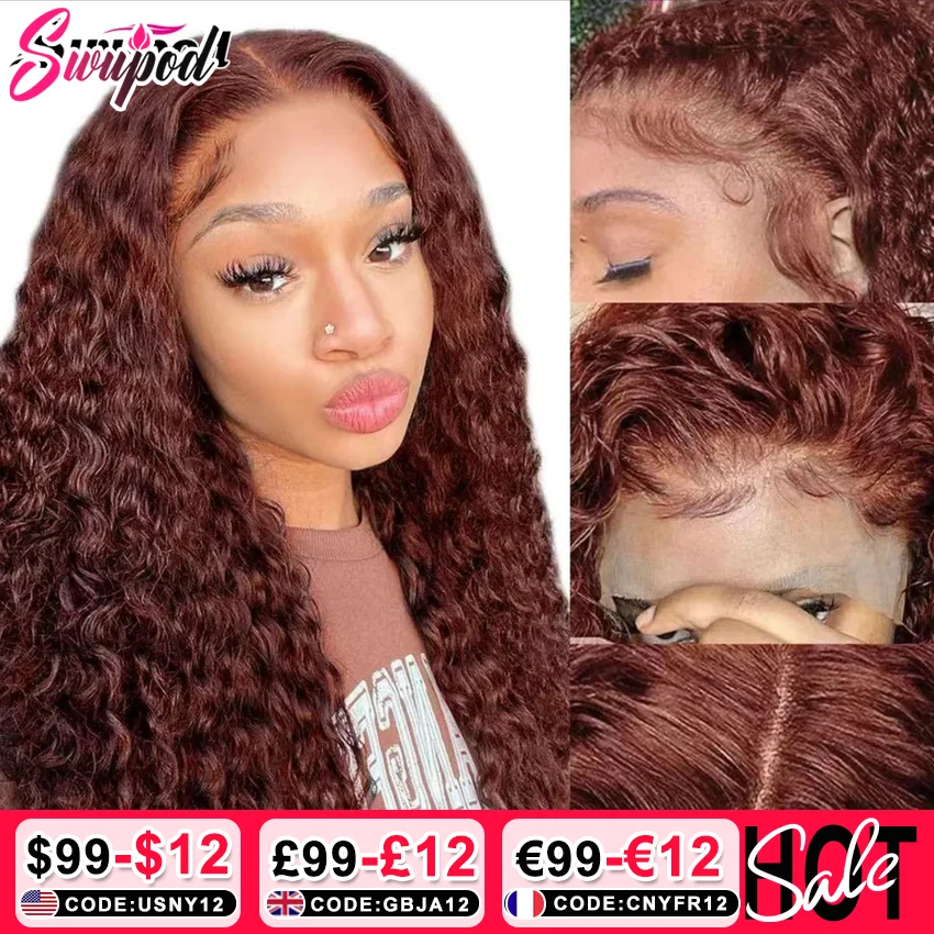 Swupod 13x4 13x6 200 Density Transparent HD Lace Front Wig for Women Deep Wave Remy Human Hair 33# Reddish Brown Color Glueless