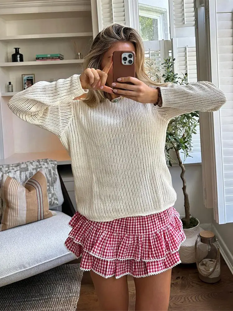 

Women's Thin Hollow Knitted Pullover Sweater See Through Long Sleeve Loose Tops Smock 2024 Autumn White Jumper Sueter Mujer