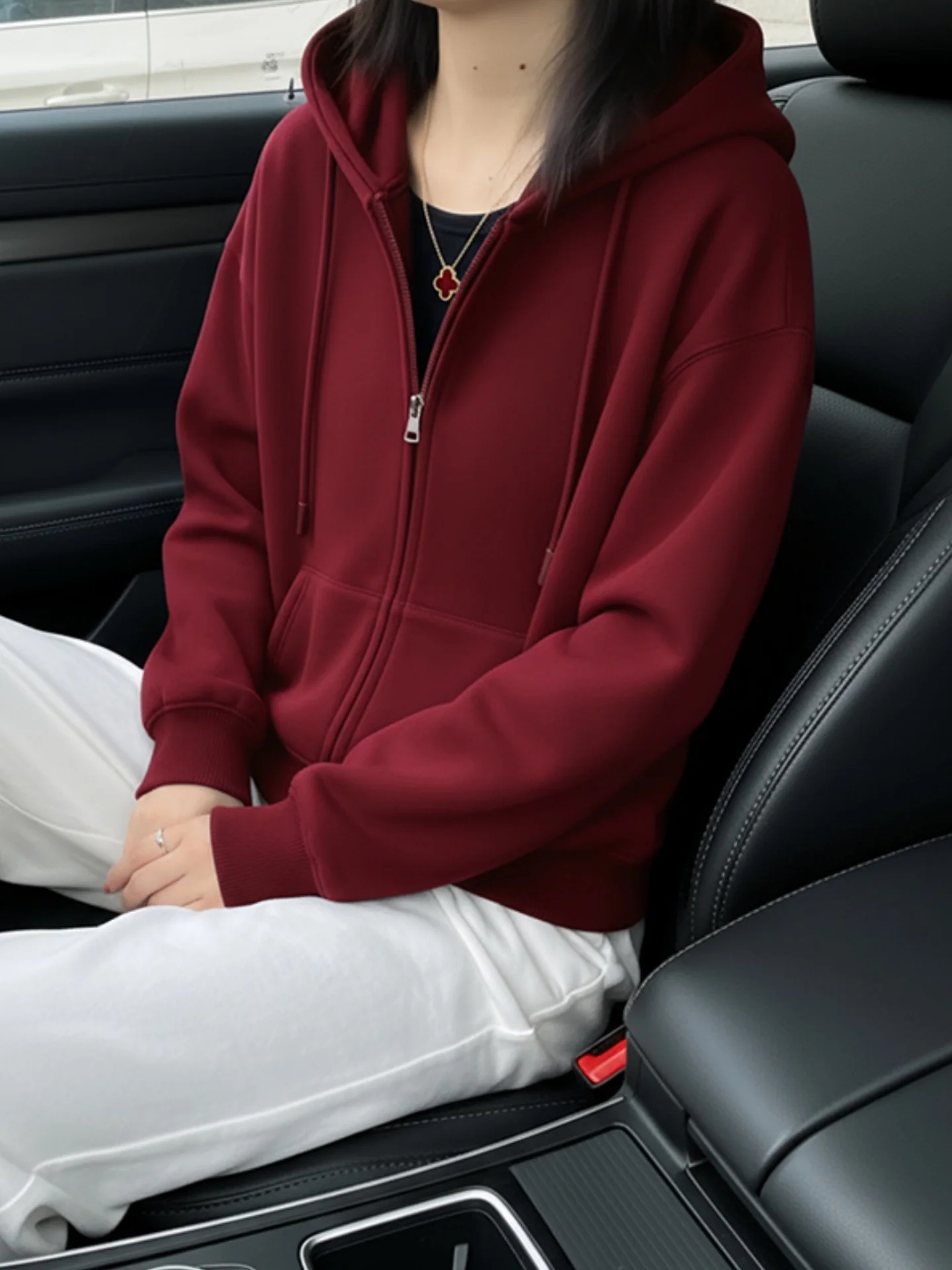 

Hooded Zipper Fleece Lined Short Women's Sweatshirt Cardigan Warmth Style Korean Version Cotton Polyester Blend Long Sleeve