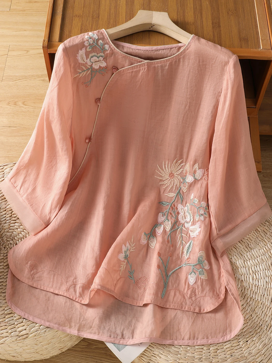 Artistic Embroidered Oversized round Ne Five-Quarter Sve Loose Slimming Top Summer Casual Cotton Blend Women's irt