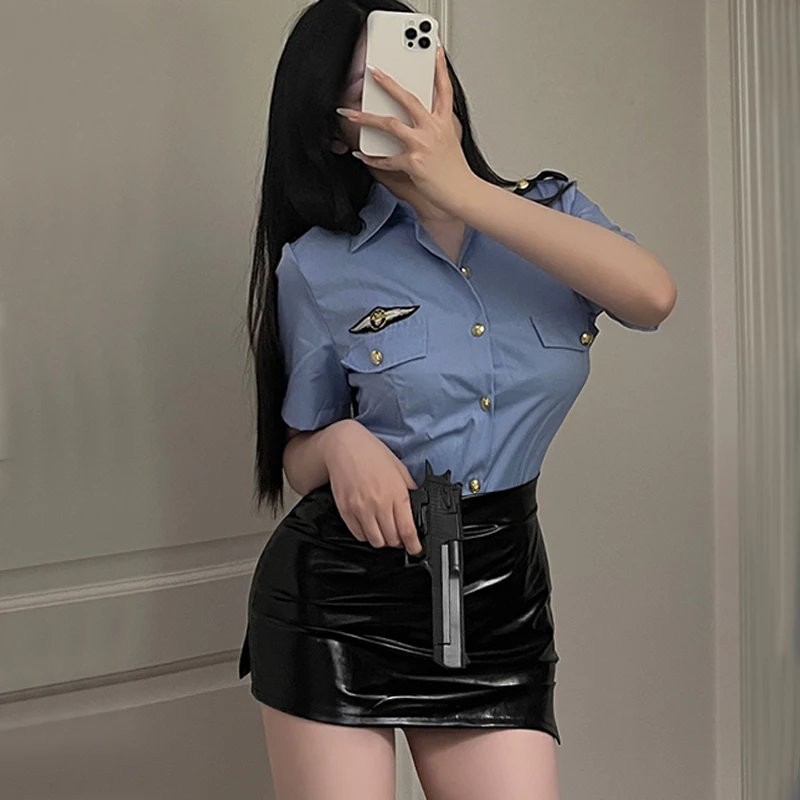 Women\'s Top and Latex Leather Skirt Set Sexy Police Officer Cosplay Halloween Party Costume Hot Anime Dirty Cop RolePlay Outfit