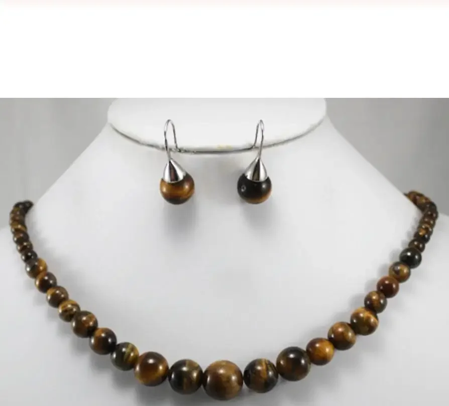

wholesale noble 6-12mm 18" tiger eye jade necklace & stud earrings jewelry set