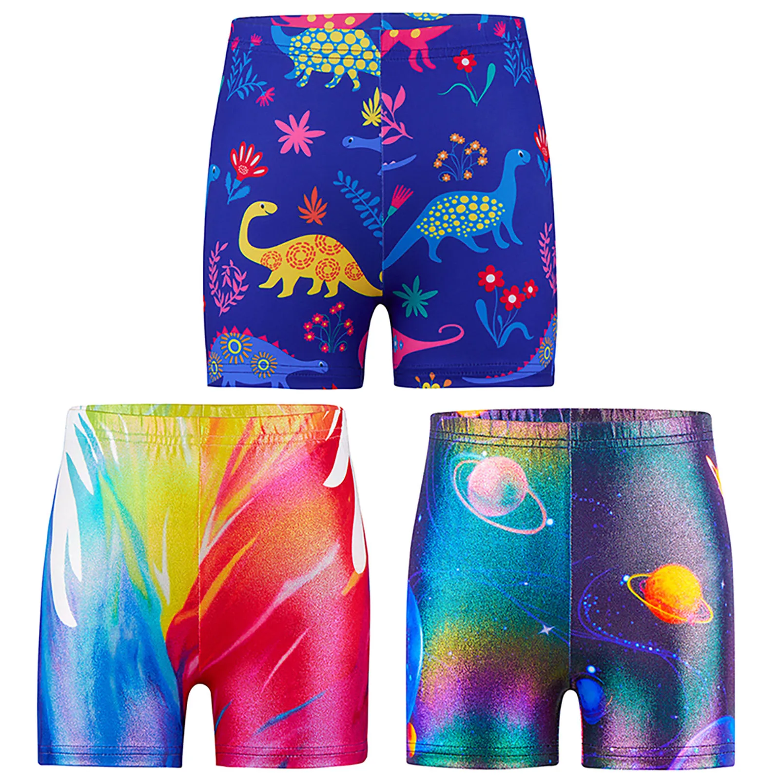 

3Pcs Kids Girls Dance Shorts Gymnastics Figure Skating Training Costume Elastic Waist Metallic Printed Shorts Swimming Beachwear