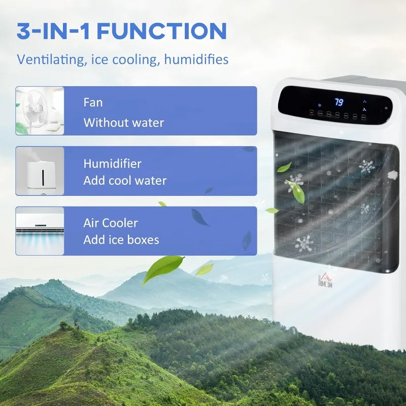 هومكوم مبرد الهواء التبخيري 32 بوصة، 60 °   تتأرجح، مروحة تبريد الثلج 3 في 1، مبرد مستنقع محمول مع مرطب