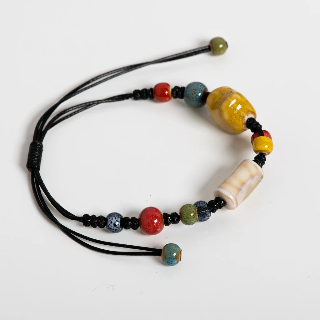 Amber Star Ceramic Bead Bracelet Adjustable 12–24cm Handmade Multicolor Boho Jewelry with Cord Knotting S02-061