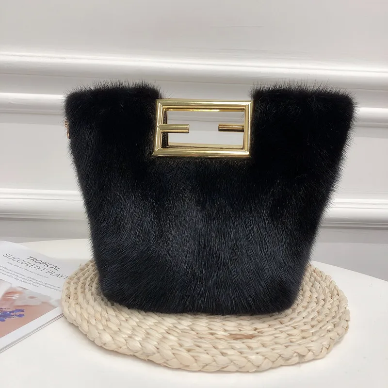 Bolso de mano de piel de visón para mujer, bolsa de hombro de diseñador, gran capacidad, para compras, invierno, 2022