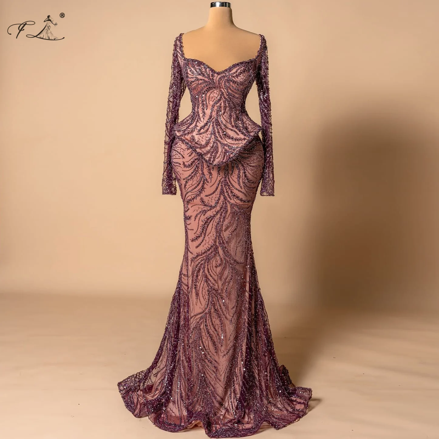 Small Beaded Sequined Dress V-Neck Long-Sleeve Satin Evening Gown Mermaid Dress Contrast Color Party Dress Holiday Dress Custom