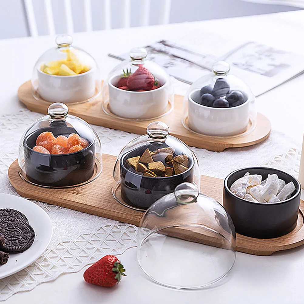 

1pc Three Piece Ceramic Dessert Bowl Set Wood Base Glass Cover Ideal Home Restaurant Hotel Serving Tray Round Cupcake
