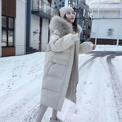 Veste d'hiver longue surdimensionnée en duvet de coton pour femme, manteau à capuche avec col en fausse fourrure, parka chaude pour la neige