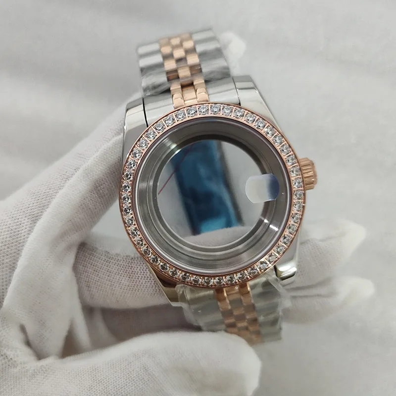 36mm 39mm Two Tone Rose Gold Stone Bezel Watch Case With Stainless Steel Bracelet Fit NH35 NH36 Movement Watch Mod Parts