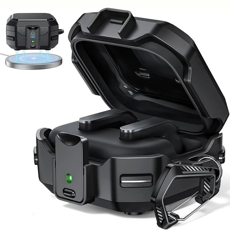 Rugged Armor Secure Lock Case For Samsung Galaxy Buds 4/4Pro Shockproof Earphone Cover With Keychain Men Funda