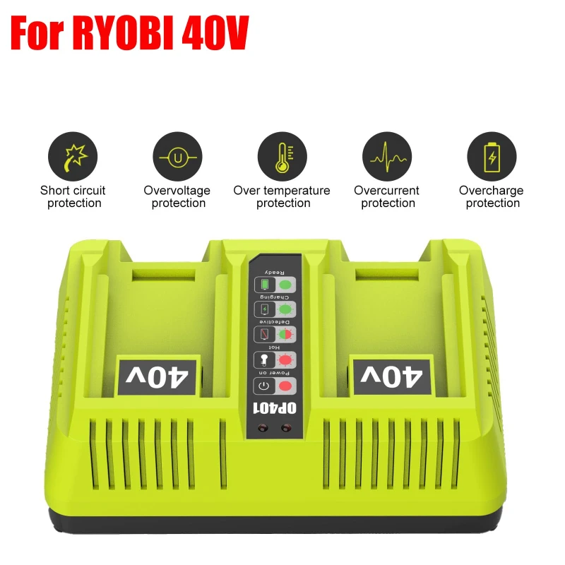 OP401 Dual-Port Fast Charger Portable Lithium Battery Charger Replacement Charger Compatible with For RYOBI 40V Li-ion Batteries