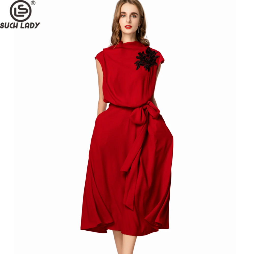 

Women's Dress Vibrant Red High-Neck Cap Sleeve Statement Black Floral Appliqué & Oversized Bow Tie Vestidos