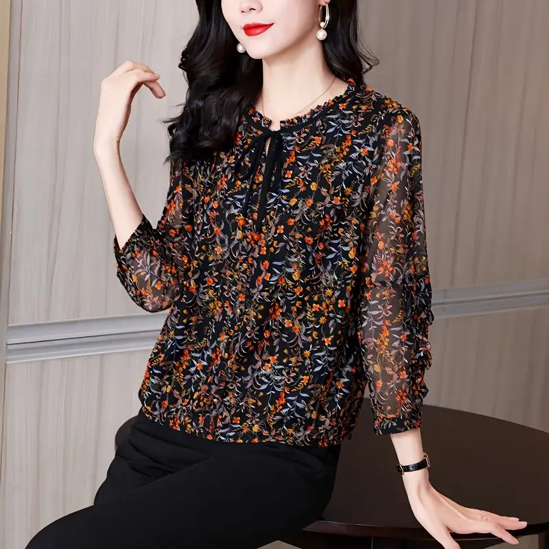 Korean Fashion Women\'s Clothing New 2023 Spring Summer Thin Printing Lacing Pleated O-neck 3/4 Sleeve Pullovers Floral Blouses