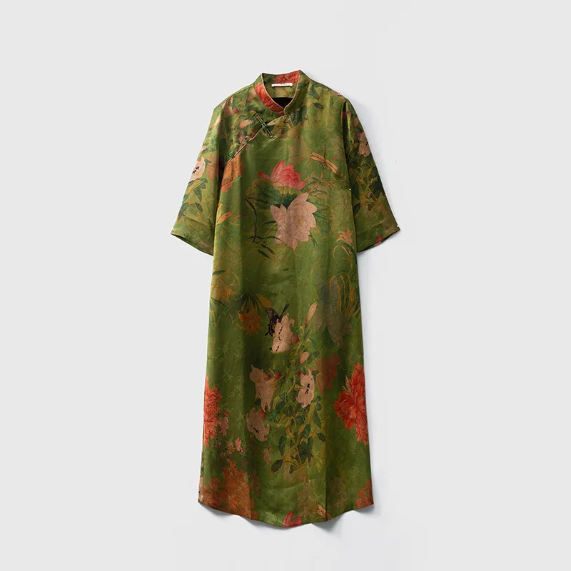 High Quality Heavy Satin Fragrant Cloud Yarn Flower Radish Chinese Style Vintage Cheongsam Dress 100 Silk National Stand Collar