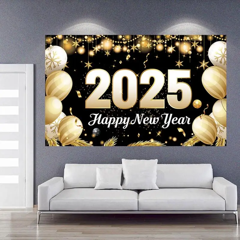 Happy New Year Backdrop Decorations 2025 Banner Black And Gold Balloon Theme 70 X43 Inches New Year Parties Decoration