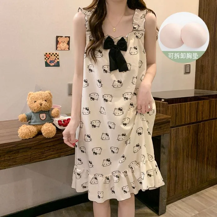 

Cartoon Home Outfit New Hello Kitty Bow Suspender Nightgown Women's Sleepwear Summer Detachable Chest Cushion Cotton Cute Sweet