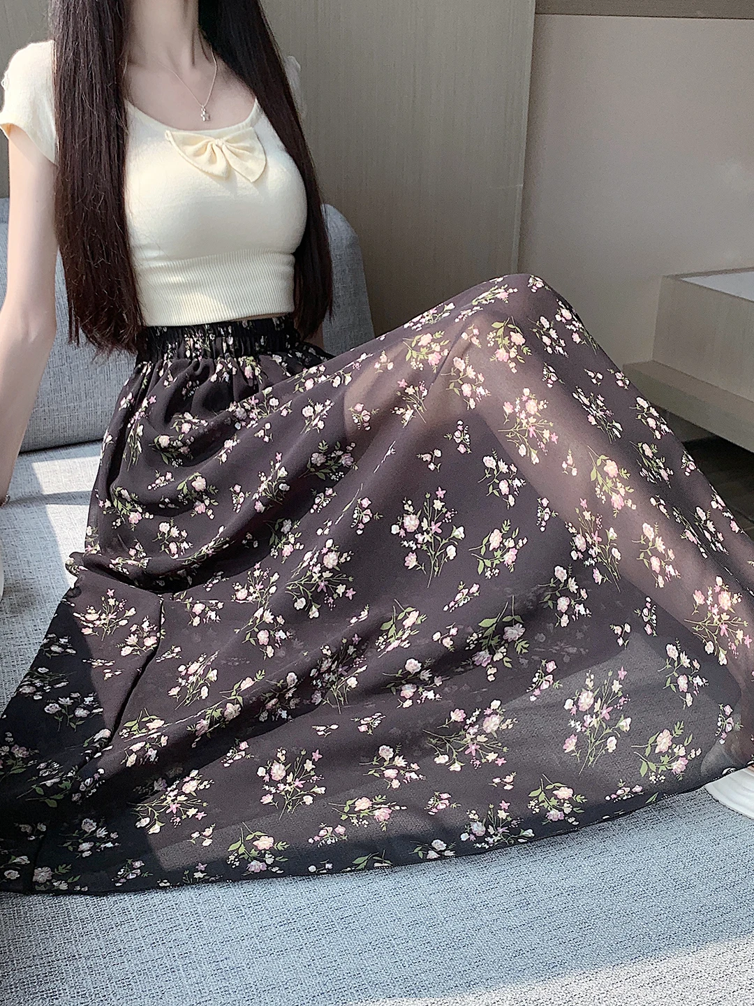 

Шифоновая юбка трапециевидной формы с цветочным принтом, женская летняя эластичная талия, свободная длинная юбка, платье макси, юбка-зонтик-колокольчик