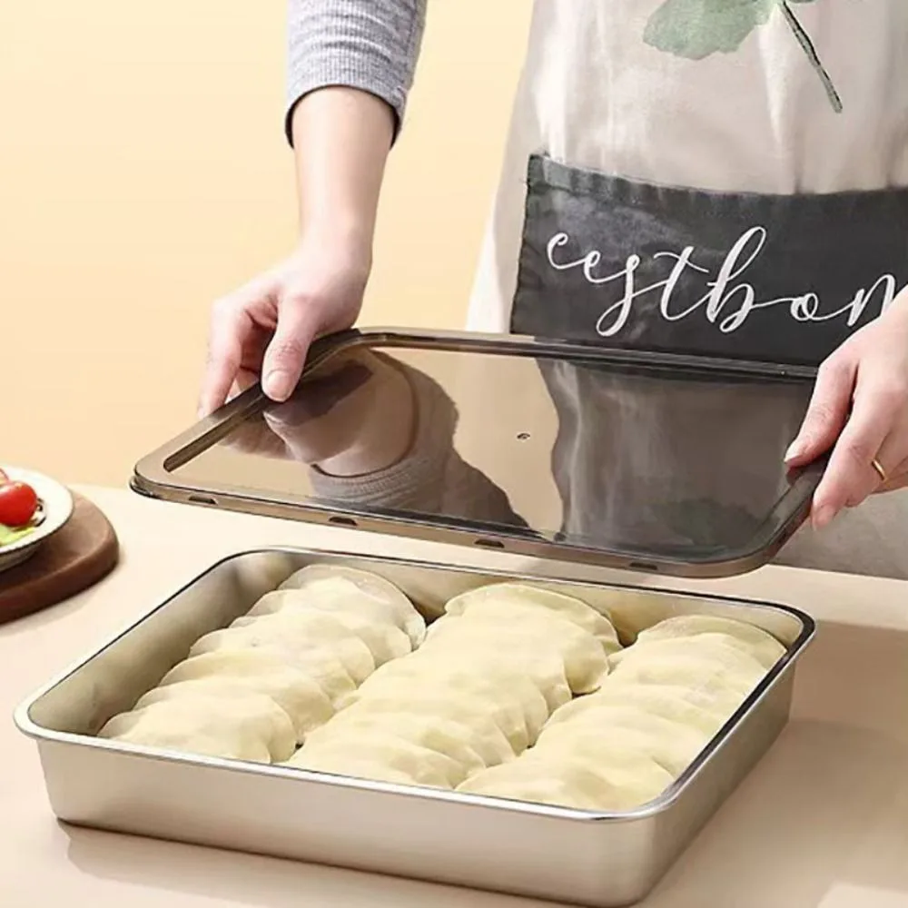 Stainless Steel Fresh-keeping Box Rectangular Non-stick Bottom Dumplings Box with Plastic Lid Large Size Food Storage Tray