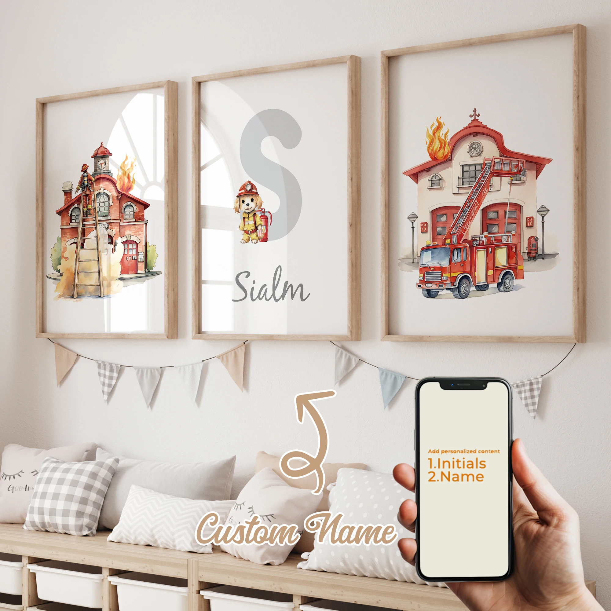3pcs Personalized Custom Name Cartoon Child Firefighter Wall Art Print Picture Canvas Poster Painting For Living Room Home Decor