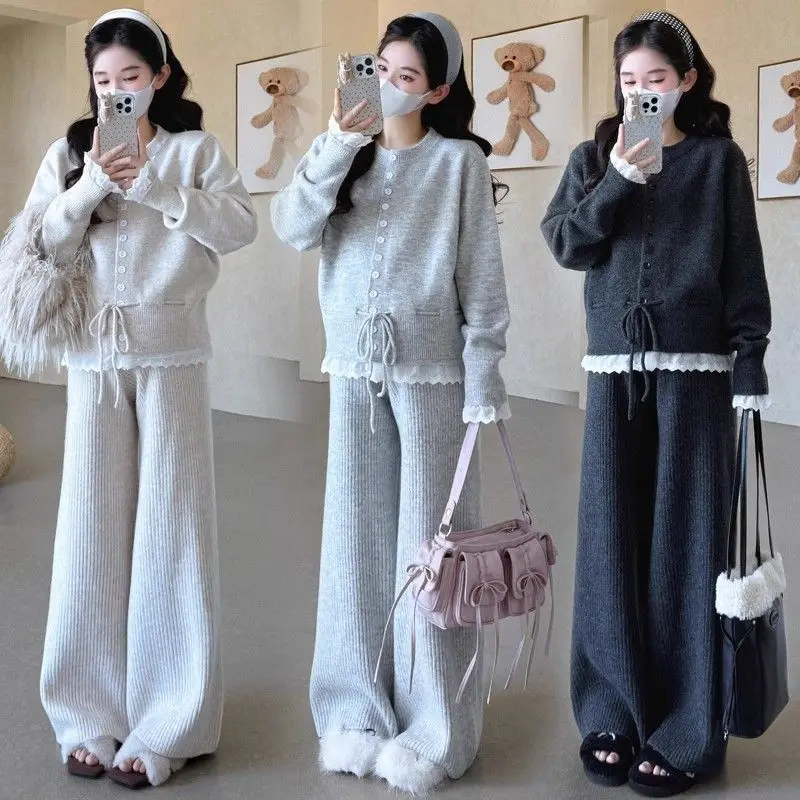 Pregnant Women's Autumn and Winter Clothes New Suit Fashion Thickened Sweater Jacket Top Wide-leg Pants Two-piece Set