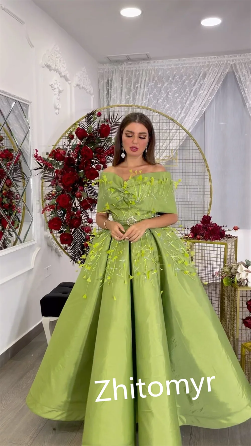 Sera Arabia saudita Jersey drappeggiato Applique Celebrity Ball Gown Off-the-spalla abito da occasione su misura abiti lunghi